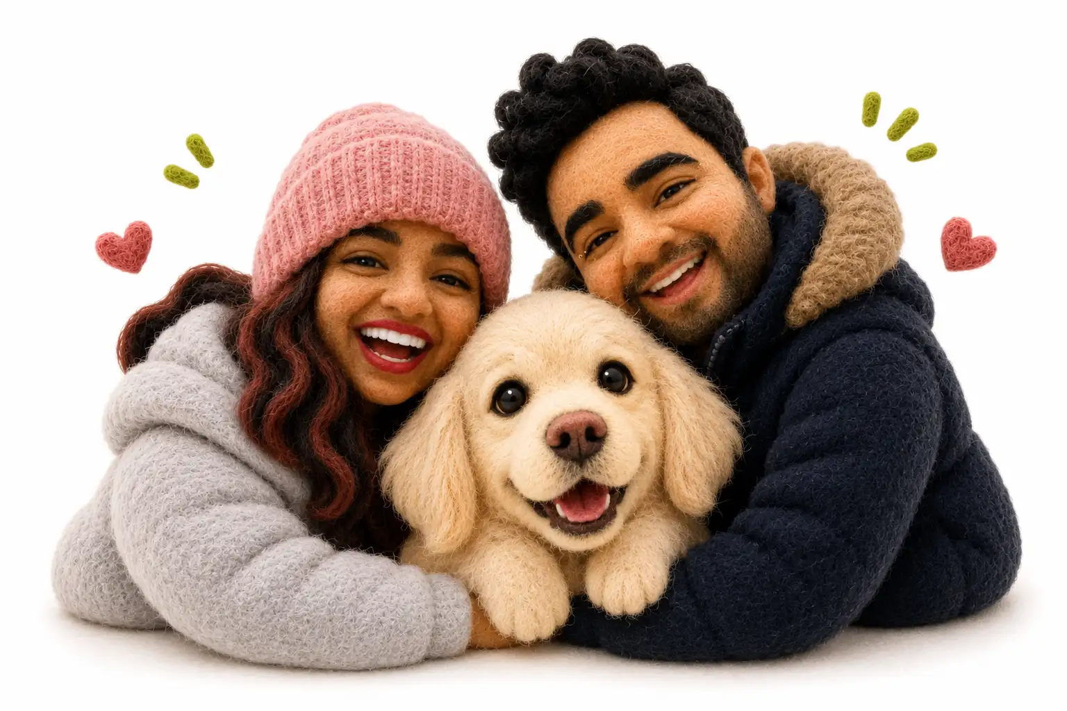 Two smiling people cuddling their fluffy dog